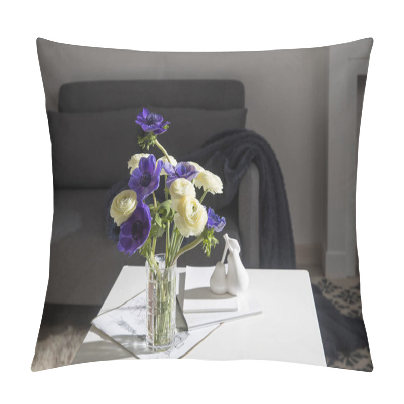 Personality  Bouquet Of White Ranunculus And Blue Anemone On A White Table Near The Grey Sofa. Dark Purple Plaid On A Gray Sofa Next To Fire Place. Interior Pillow Covers