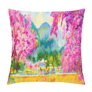 Personality  Painting Watercolor Landscape Pink Color Of Wild Himalayan Cherry Flowers And Man, Woman, Cycling, Fitness In The Spring Season. Hand Painted, Blue Sky, Cloud Background, Beauty Nature, Winter Season. Pillow Covers