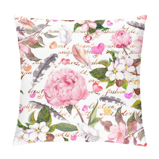 Personality  Peony Flowers, Sakura, Feathers. Vintage Seamless Floral Pattern With Hand Written Letter. Watercolor Pillow Covers