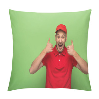 Personality  Excited Delivery Man In Red Uniform Showing Thumbs Up On Green Pillow Covers