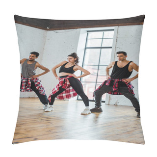 Personality  Handsome Multicultural Men And Attractive Girl With Hands On Hips Dancing Jazz Funk  Pillow Covers