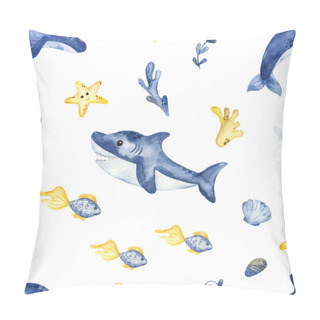 Personality  Underwater Creatures, Shark, Dolphin, Fish, Algae, Corals. Watercolor Seamless Pattern Pillow Covers