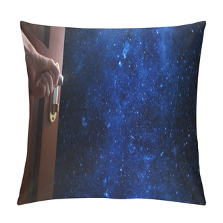Personality  Hand Opens Empty Room Door To Planet Earth From The Space. Some  Pillow Covers