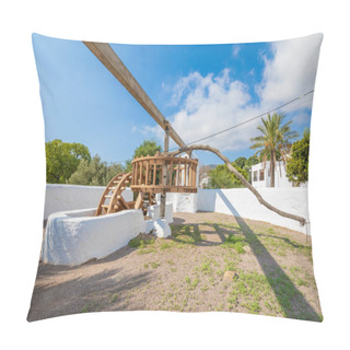Personality  Ancient Wooden Wheel Moved By Oxens, Traditional System To Extract Water From The River, In Pozo De Los Frailes Village, (Nijar, Almeria, Andalusia, Spain, Europe). Built 100 Years Ago Pillow Covers