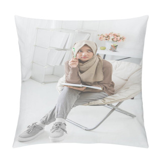Personality  Asian Woman Thinking While Writing On A Book Pillow Covers