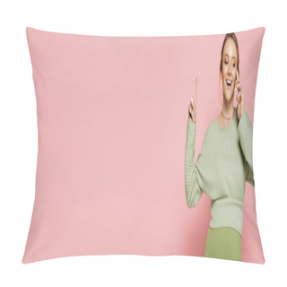 Personality  Positive Pregnant Woman Talking On Smartphone And Pointing With Finger On Pink Background, Banner  Pillow Covers