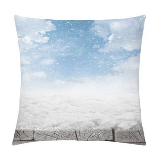 Personality  Empty Winter Background Of Wooden Table And Sky With Falling Sno Pillow Covers
