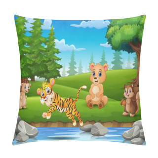 Personality  Vector Illustration Of The Animals Are Enjoying Nature By The River Pillow Covers