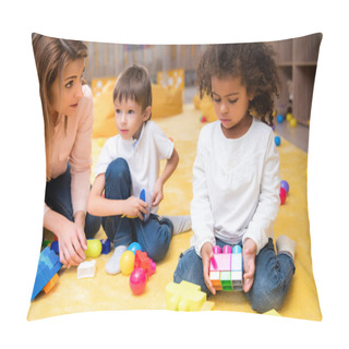 Personality  Educator And Multiethnic Kids Playing With Plastic Constructor In Kindergarten Pillow Covers