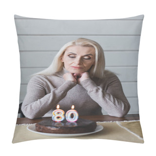 Personality  Elderly Woman Looking At Blurred Birthday Cake On Table  Pillow Covers