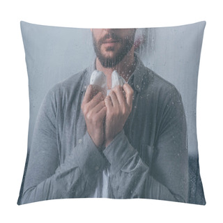 Personality  Cropped View Of Man Holding Baby Shoes Through Window With Raindrops Pillow Covers
