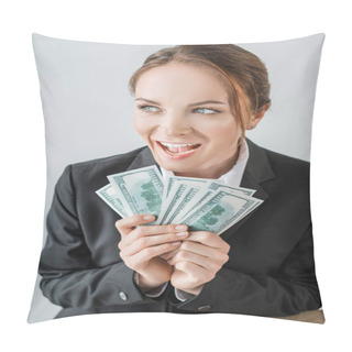 Personality  Excited Financier Holding Dollar Banknotes In Office Pillow Covers