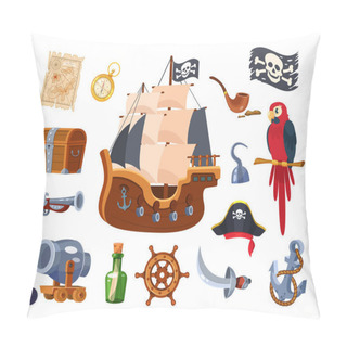 Personality  Adventure Pirate Set. Pirate Ship Equipment, Treasure Map And Box, Weapon, Parrot, Compass, Treasure Chest, Pipe With Tobacco, Hat, Flag, Pistol, Bottle Of Rum. Symbols Of Sea Adventure Vector Pillow Covers