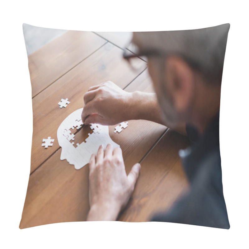 Personality  Blurred Man With Dementia Folding Jigsaw On Table At Home  Pillow Covers