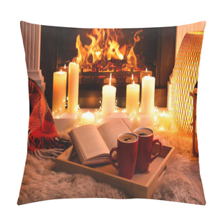 Personality  Cups Of Hot Drink And Open Book Near Fireplace At Home Pillow Covers