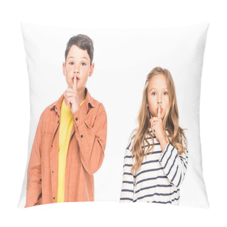 Personality  Front View Of Two Kids Showing Hush Signs Isolated On White Pillow Covers