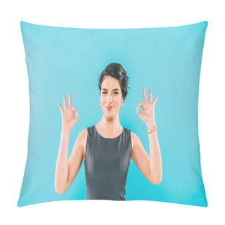 Personality  Cheerful Mixed Race Woman Showing Ok Gesture While Smiling At Camera Isolated On Blue Pillow Covers