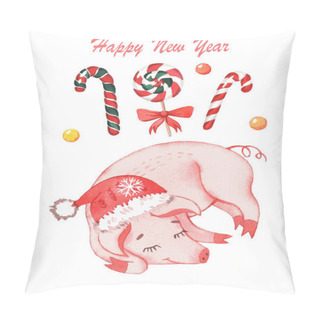 Personality  Prints With New Year Piglets In Watercolor Style. Christmas. Postcards. Isolated On White Background Pillow Covers