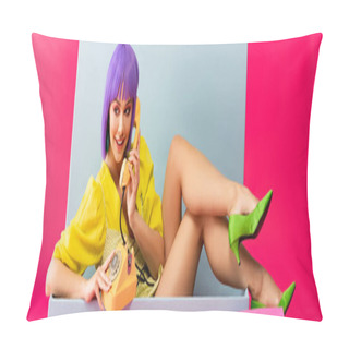 Personality  Panoramic Shot Of Beautiful Smiling Girl In Purple Wig As Doll Talking On Vintage Telephone While Sitting In Blue Box, Isolated On Pink Pillow Covers