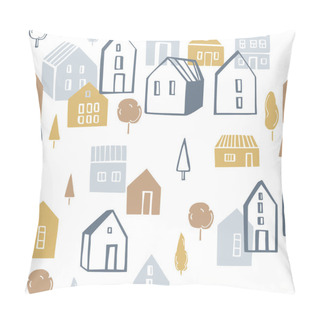 Personality  Vector Seamless Pattern With Small Houses On White Background. Pillow Covers