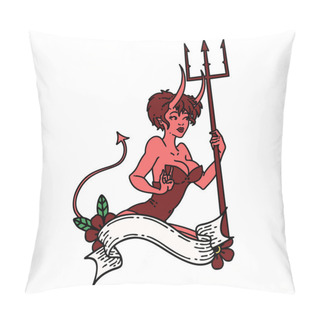 Personality  Tattoo In Traditional Style Of A Pinup Devil Girl With Banner Pillow Covers