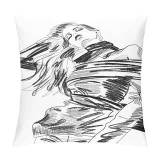 Personality  Hand-drawn Fashion Illustration Abstract Sketch Of An Imaginary Posing Glamour Model In A Silk Dress, With Long Hairs. Color Book Page. Romance Novel Book Cover. Black White Drawing Of A Beautiful Girl Pillow Covers