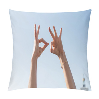 Personality  Cropped View Of Woman Showing Okay Gesture With Sky At Background  Pillow Covers