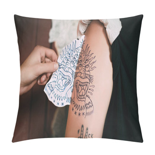 Personality  Cropped Shot Of Tattoo Artist Transferring Tattoo Sketch On Shoulder In Tattoo Salon  Pillow Covers