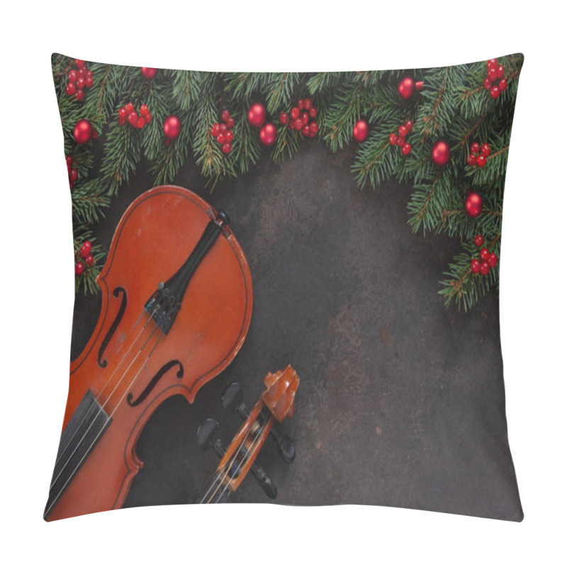 Personality  Old violin and fir-tree branches with Christmas decor.  Christmas and New Year's concept. Top view, close-up on dark concrete background pillow covers