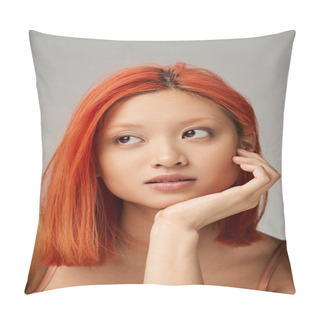 Personality  Portrait Of Attractive And Young Asian Woman With Perfect Skin  Daydreaming On Grey Backdrop Pillow Covers