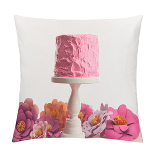 Personality  Pink Birthday Cake On Cake Stand Near Paper Flowers Isolated On Grey Pillow Covers