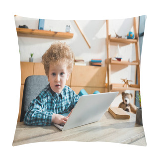Personality  Cute And Smart Child Using Laptop And Looking At Camera  Pillow Covers