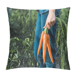 Personality  Cropped Image Of Farmer Holding Organic Carrots In Field At Farm Pillow Covers