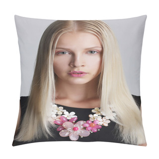 Personality  Ornamentation. Snazzy Blond Woman With Floral Necklace Pillow Covers