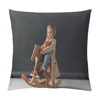 Personality   Smiling Child In Trench Coat And Jeans Sitting On Rocking Horse On Black Background Pillow Covers