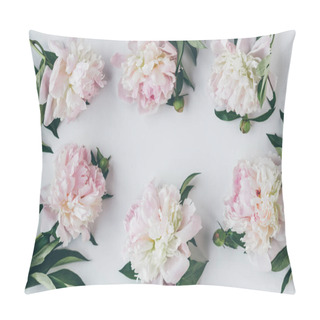 Personality  Top View Of Frame With Light Pink Peony Flowers With Leaves On White Pillow Covers