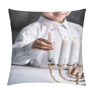 Personality  Cropped View Of Smiling Jewish Boy In Shirt Holding Candle  Pillow Covers