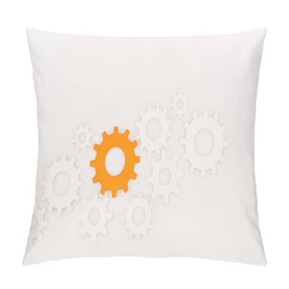 Personality  Top View Of One Orange Gear Among Another Isolated On White Pillow Covers