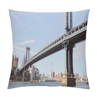 Personality  Scenic View Of Manhattan Bridge Under Blue Sky Over East River With New York City Cityscape, Banner Pillow Covers
