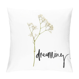 Personality  Small White Flowers On Twig With Dreaming Sign Isolated On White Pillow Covers
