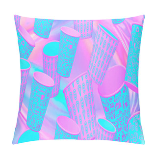 Personality 3d Render Fashion Collage Art. Creative Banner Pattern Cups In Holography Space. Valentine's Day, Party, Congratulations, Birthday Concept Pillow Covers