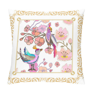 Personality  Silk Scarf Pattern With Blooming Sakura Flowers And Birds.  Pillow Covers