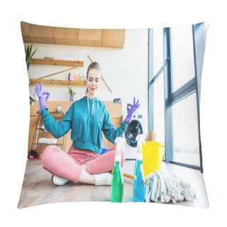 Personality  Smiling Young Woman Sitting On Floor And Meditating While Cleaning House  Pillow Covers