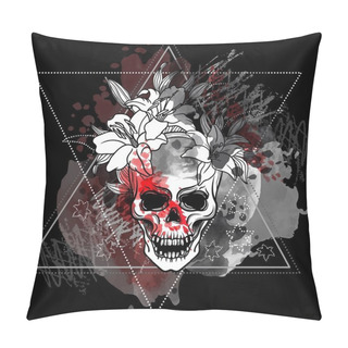Personality  Trash Skull With Blood Splatter And Lily Flowers. Trash Polka Old School Tattoo Style. Watercolor, Dotwork. Sacred Geometry With Triangles Vector. Pillow Covers