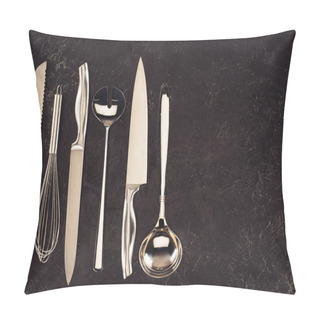 Personality  Elevated View Of Kitchen Utensils Placed In Row On Black Marble Table Pillow Covers