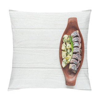 Personality  Delicious Marinated Herring With Potatoes And Onions In Earthenware Plate On White Wooden Background With Copy Space Pillow Covers