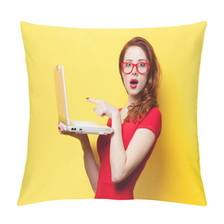 Personality  Surprised Redhead Girl With Laptop Pillow Covers