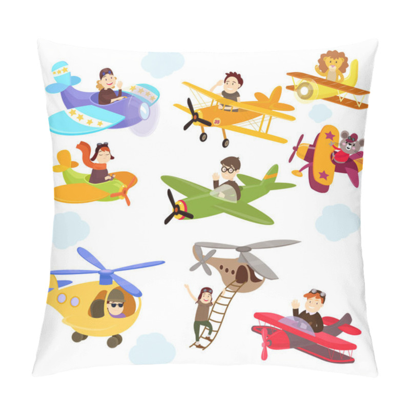 Personality  Set of funny cartoon planes with cute pilots. pillow covers
