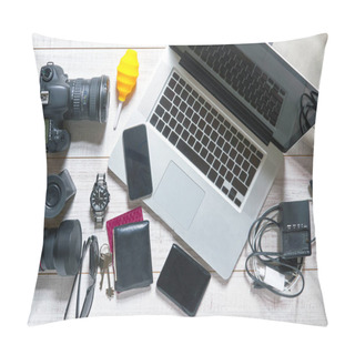 Personality  View Of A Wooden Table With A Notebook, Digital Camera, Lens, Bag, Keys, Wallet, Passport, Sunglasses, Watch, Smartphone, Lcd Hood, Cables, External Hdd And A Cup Of Coffee On I Pillow Covers