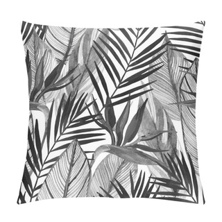 Personality  Watercolor Tropical Seamless Pattern With Bird-of-paradise Flower, Palm Leaves In Black And White Colors. Exotic Flowers, Leaves Background. Hand Painted Natural Illustration Pillow Covers